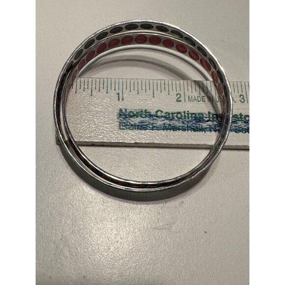 Silver Tone Pink Black Enamel Polka Dot Bangle Bracelet - Picture 2 of 3